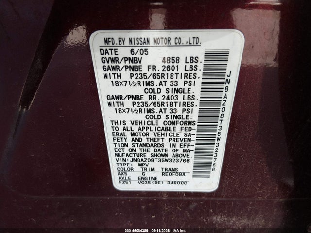 2005 Nissan Murano Sl მანქანა იყიდება აუქციონზე, vin: JN8AZ08T35W323766, აუქციონის ნომერი: 46084389