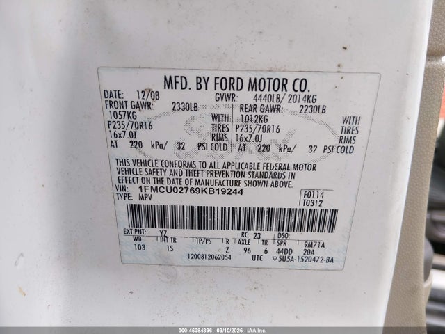 Aukcja sprzedaży 2009 Ford Escape Xls/xls Manual, vin: 1FMCU02769KB19244, numer aukcji: 46084396