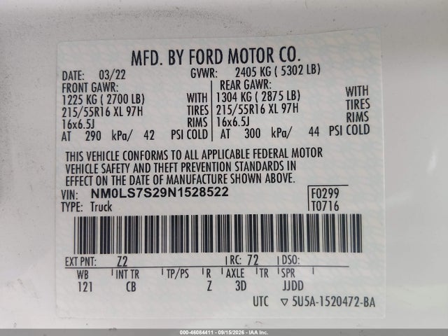 Aukcja sprzedaży 2022 Ford Transit Connect Xl, vin: NM0LS7S29N1528522, numer aukcji: 46084411