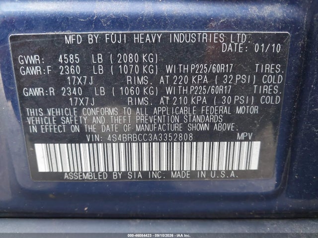 Auction sale of the 2010 Subaru Outback 2.5i Premium, vin: 4S4BRBCC3A3352808, lot number: 46084423