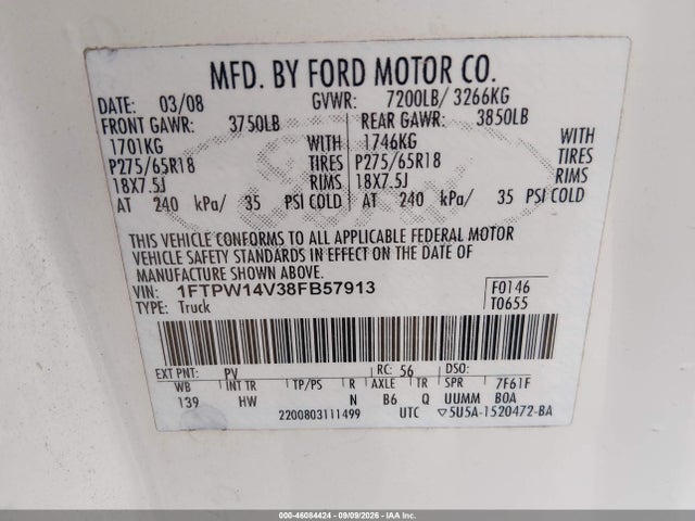 Aukcja sprzedaży 2008 Ford F-150 60th Anniversary/fx4/king Ranch/lariat/xlt, vin: 1FTPW14V38FB57913, numer aukcji: 46084424