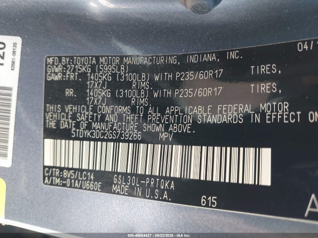 5TDYK3DC2GS739266 Toyota Sienna Xle 8 Passenger