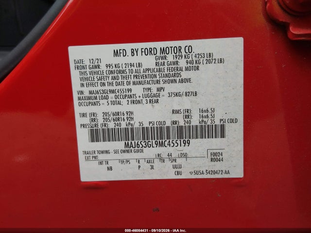 Продаж на аукціоні авто 2021 Ford Ecosport Se, vin: MAJ6S3GL9MC455199, номер лоту: 46084431