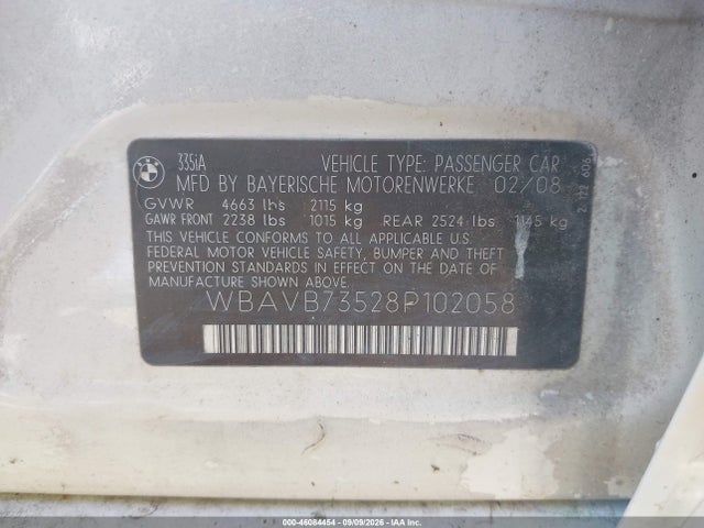 Aukcja sprzedaży 2008 Bmw 335i, vin: WBAVB73528P102058, numer aukcji: 46084454
