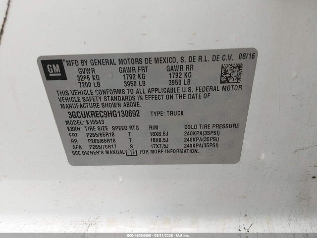 46084459 :رقم المزاد ، 3GCUKREC9HG130692 vin ، 2017 Chevrolet Silverado 1500 1lt مزاد بيع