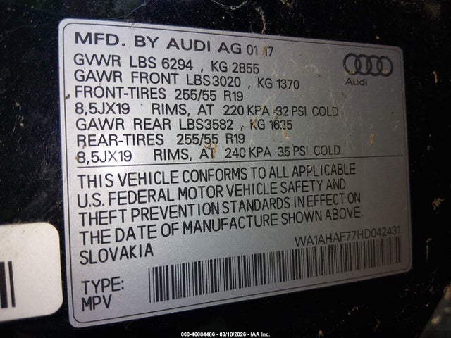 2017 Audi Q7 2.0t Premium მანქანა იყიდება აუქციონზე, vin: WA1AHAF77HD042431, აუქციონის ნომერი: 46084486
