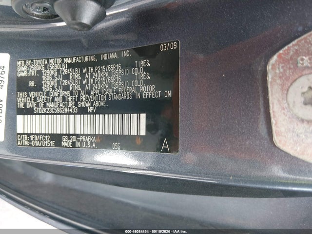 2009 Toyota Sienna Le მანქანა იყიდება აუქციონზე, vin: 5TDZK23C59S284433, აუქციონის ნომერი: 46084494