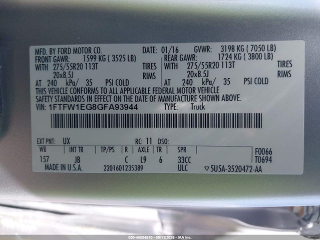 Aukcja sprzedaży 2016 Ford F-150 Xlt, vin: 1FTFW1EG8GFA93944, numer aukcji: 46084510