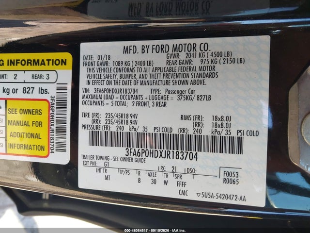 Ford FUSION SE 2018 3FA6P0HDXJR183704 Image 9