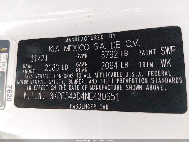 Aukcja sprzedaży 2022 Kia Forte Gt-line, vin: 3KPF54AD4NE430651, numer aukcji: 46084519