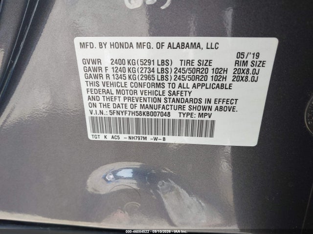 2019 Honda Passport Ex-l მანქანა იყიდება აუქციონზე, vin: 5FNYF7H58KB007048, აუქციონის ნომერი: 46084522