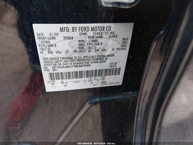 2009 Ford Edge Sel მანქანა იყიდება აუქციონზე, vin: 2FMDK48C79BA67980, აუქციონის ნომერი: 46084528