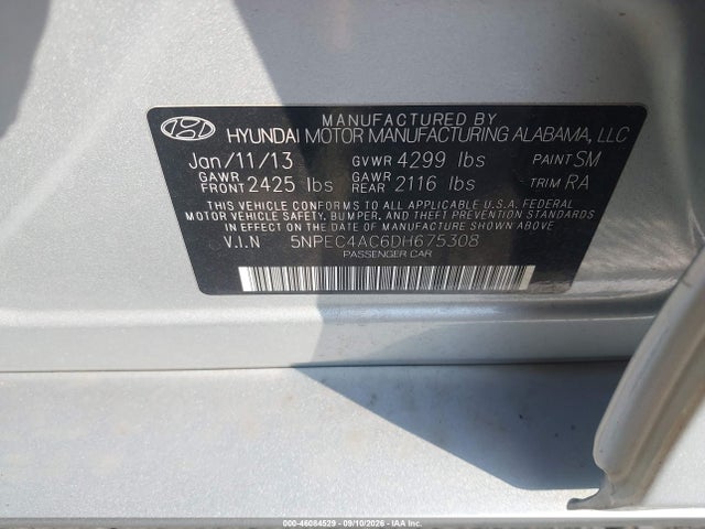 2013 Hyundai Sonata Limited მანქანა იყიდება აუქციონზე, vin: 5NPEC4AC6DH675308, აუქციონის ნომერი: 46084529