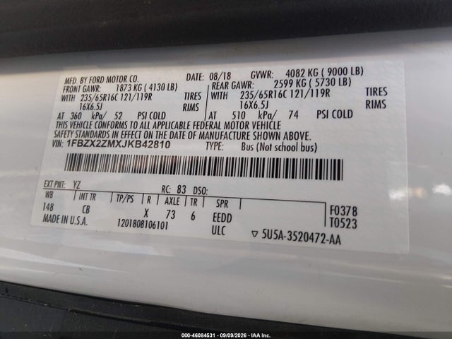 46084531 :رقم المزاد ، 1FBZX2ZMXJKB42810 vin ، 2018 Ford Transit-350 Xl مزاد بيع