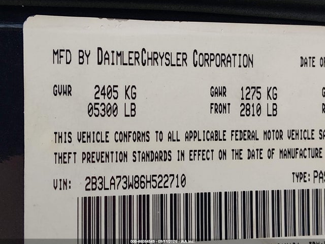 46084549 :رقم المزاد ، 2B3LA73W86H522710 vin ، 2006 Dodge Charger Srt8 مزاد بيع