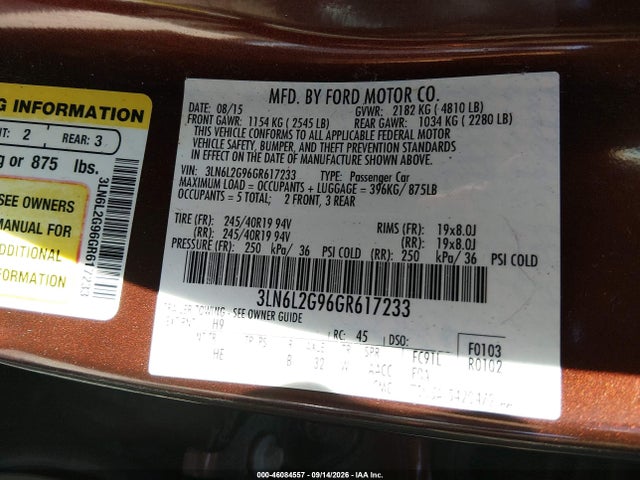 Aukcja sprzedaży 2016 Lincoln Mkz, vin: 3LN6L2G96GR617233, numer aukcji: 46084557