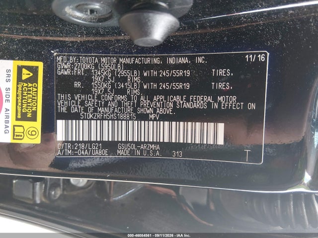 Aukcja sprzedaży 2017 Toyota Highlander Se, vin: 5TDKZRFH5HS188815, numer aukcji: 46084561