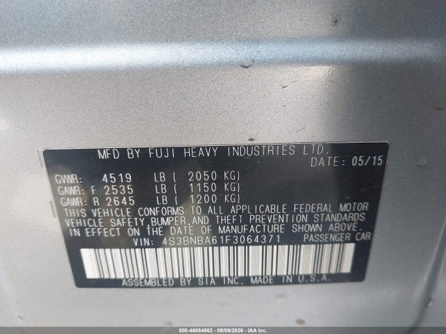 Продаж на аукціоні авто 2015 Subaru Legacy 2.5i, vin: 4S3BNBA61F3064371, номер лоту: 46084562