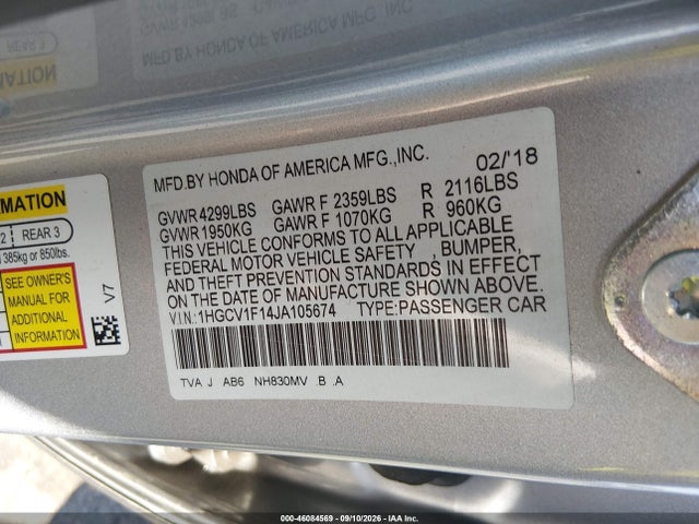 Aukcja sprzedaży 2018 Honda Accord Lx, vin: 1HGCV1F14JA105674, numer aukcji: 46084569