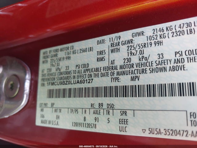 Продаж на аукціоні авто 2020 Ford Escape Se Sport Hybrid, vin: 1FMCU9BZ0LUA60127, номер лоту: 46084575