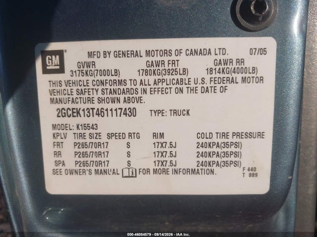 2006 Chevrolet Silverado 1500 Lt2 მანქანა იყიდება აუქციონზე, vin: 2GCEK13T461117430, აუქციონის ნომერი: 46084579