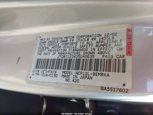 46084587 :رقم المزاد ، JTDBT123435045639 vin ، 2003 Toyota Echo مزاد بيع