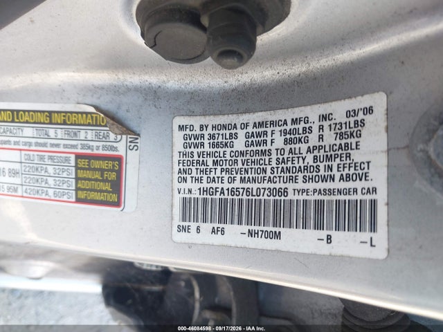Aukcja sprzedaży 2006 Honda Civic Lx, vin: 1HGFA16576L073066, numer aukcji: 46084598