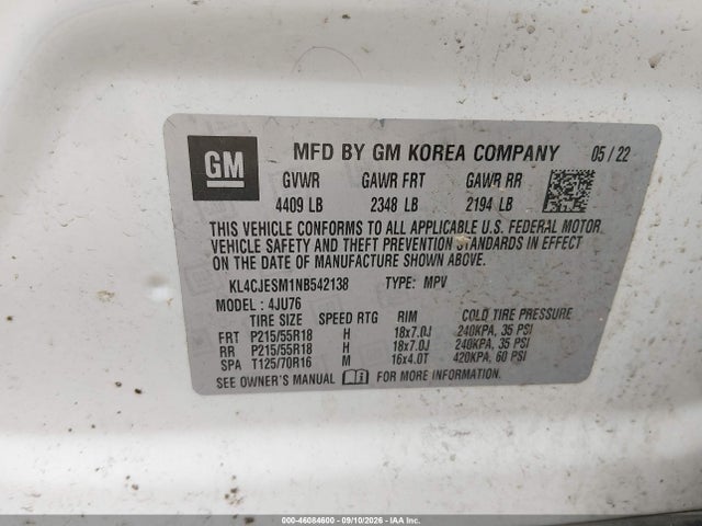 Aukcja sprzedaży 2022 Buick Encore Awd Preferred, vin: KL4CJESM1NB542138, numer aukcji: 46084600