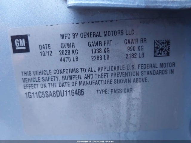 2013 Chevrolet Malibu 1lt მანქანა იყიდება აუქციონზე, vin: 1G11C5SA8DU116486, აუქციონის ნომერი: 46084615