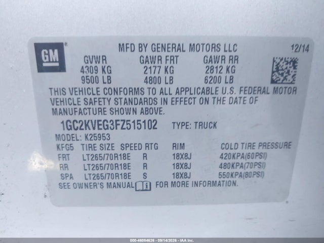 2015 Chevrolet Silverado 2500hd Lt მანქანა იყიდება აუქციონზე, vin: 1GC2KVEG3FZ515102, აუქციონის ნომერი: 46084626