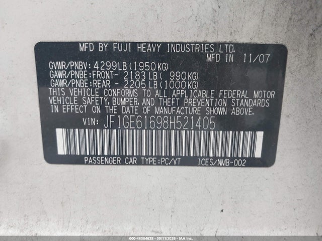 Продаж на аукціоні авто 2008 Subaru Impreza 2.5i, vin: JF1GE61698H521405, номер лоту: 46084628