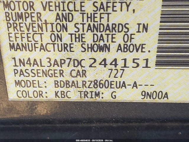 2013 Nissan Altima 2.5 S მანქანა იყიდება აუქციონზე, vin: 1N4AL3AP7DC244151, აუქციონის ნომერი: 46084635