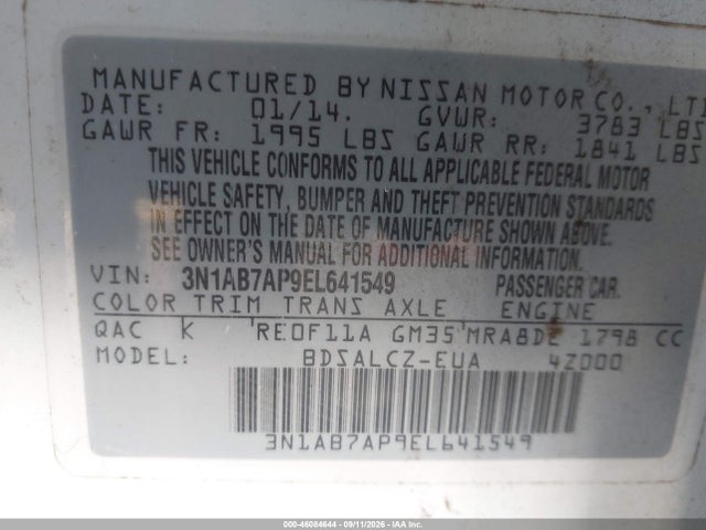 46084644 :رقم المزاد ، 3N1AB7AP9EL641549 vin ، 2014 Nissan Sentra S/sv/sr/sl مزاد بيع