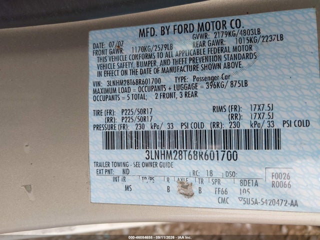 Продажа на аукционе авто 2008 Lincoln Mkz, vin: 3LNHM28T68R601700, номер лота: 46084658