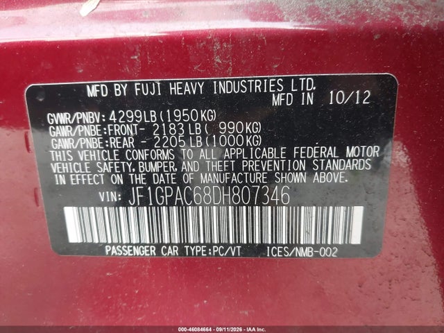 Продажа на аукционе авто 2013 Subaru Impreza 2.0i Premium, vin: JF1GPAC68DH807346, номер лота: 46084664