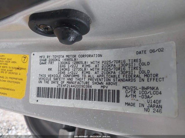 2002 Toyota Highlander Limited V6 მანქანა იყიდება აუქციონზე, vin: JTEHF21A420090384, აუქციონის ნომერი: 46084667