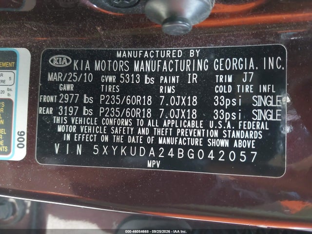 2011 Kia Sorento Ex V6 მანქანა იყიდება აუქციონზე, vin: 5XYKUDA24BG042057, აუქციონის ნომერი: 46084668