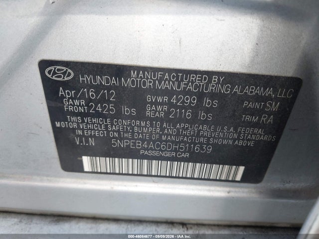 Продаж на аукціоні авто 2013 Hyundai Sonata Gls, vin: 5NPEB4AC6DH511639, номер лоту: 46084677