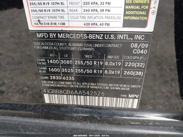 Продаж на аукціоні авто 2010 Mercedes-benz Ml 350 4matic, vin: 4JGBB8GB6AA542526, номер лоту: 46084688