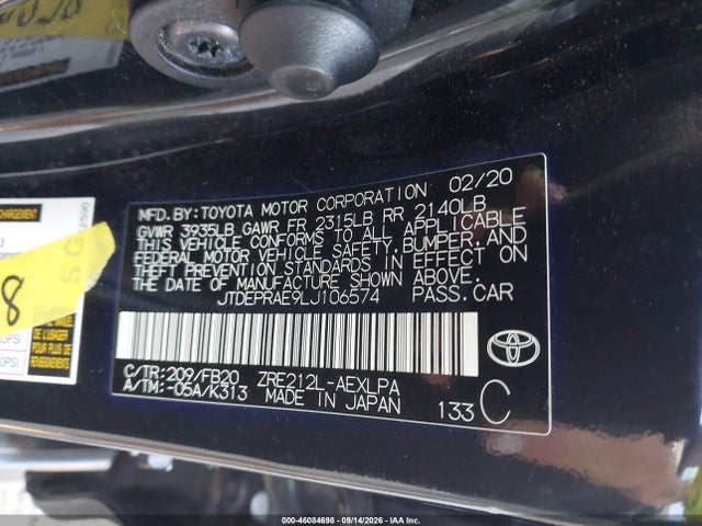 Продаж на аукціоні авто 2020 Toyota Corolla Le, vin: JTDEPRAE9LJ106574, номер лоту: 46084698