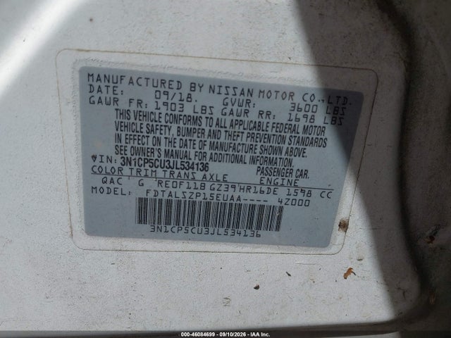 Aukcja sprzedaży 2018 Nissan Kicks Sv, vin: 3N1CP5CU3JL534136, numer aukcji: 46084699
