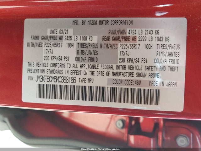 46084703 :رقم المزاد ، JM3KFBCM6M0388186 vin ، 2021 Mazda Cx-5 Touring مزاد بيع