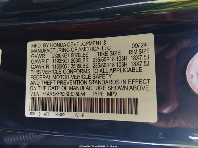 46084706 :رقم المزاد ، 7FARS6H52SE035054 vin ، 2025 Honda Cr-v Hybrid Sport مزاد بيع