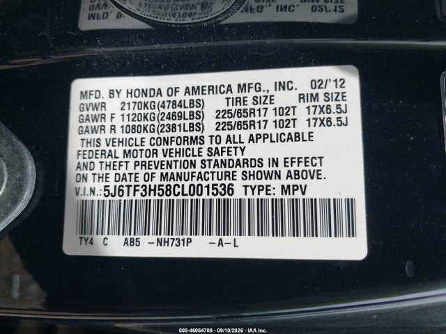 Aukcja sprzedaży 2012 Honda Crosstour 2.4 Ex-l, vin: 5J6TF3H58CL001536, numer aukcji: 46084709