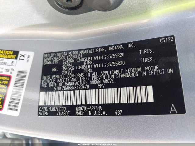 2022 Toyota Highlander Xse მანქანა იყიდება აუქციონზე, vin: 5TDLZRAH8NS123478, აუქციონის ნომერი: 46084711