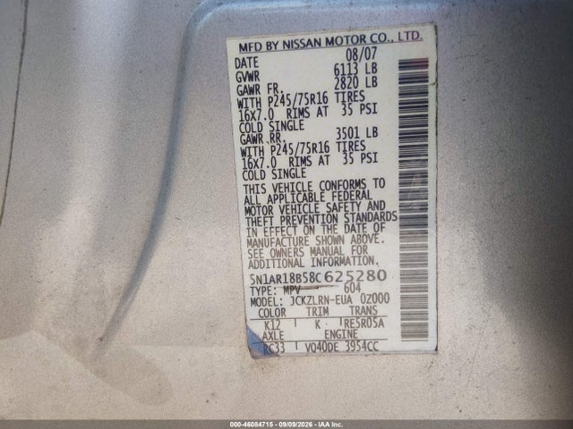 Продажа на аукционе авто 2008 Nissan Pathfinder S, vin: 5N1AR18B58C625280, номер лота: 46084715