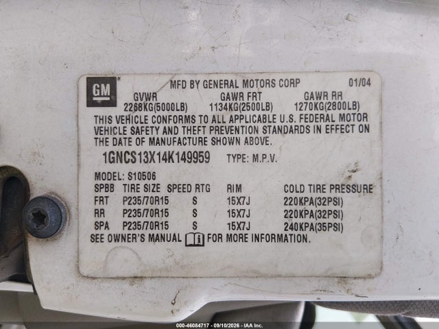 Продажа на аукционе авто 2004 Chevrolet Blazer Ls, vin: 1GNCS13X14K149959, номер лота: 46084717