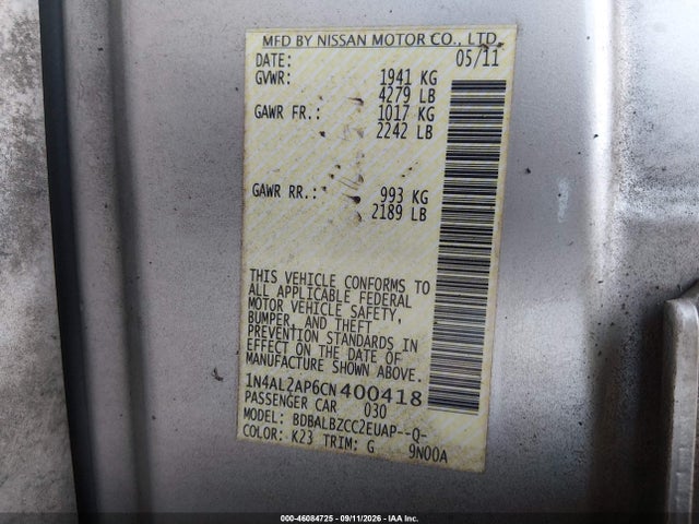 2012 Nissan Altima 2.5 S მანქანა იყიდება აუქციონზე, vin: 1N4AL2AP6CN400418, აუქციონის ნომერი: 46084725