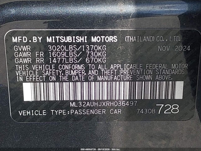 Продажа на аукционе авто 2024 Mitsubishi Mirage Es/le, vin: ML32AUHJXRH036497, номер лота: 46084726