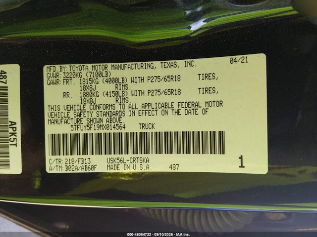 Aukcja sprzedaży 2021 Toyota Tundra Sr5, vin: 5TFUY5F19MX014564, numer aukcji: 46084732